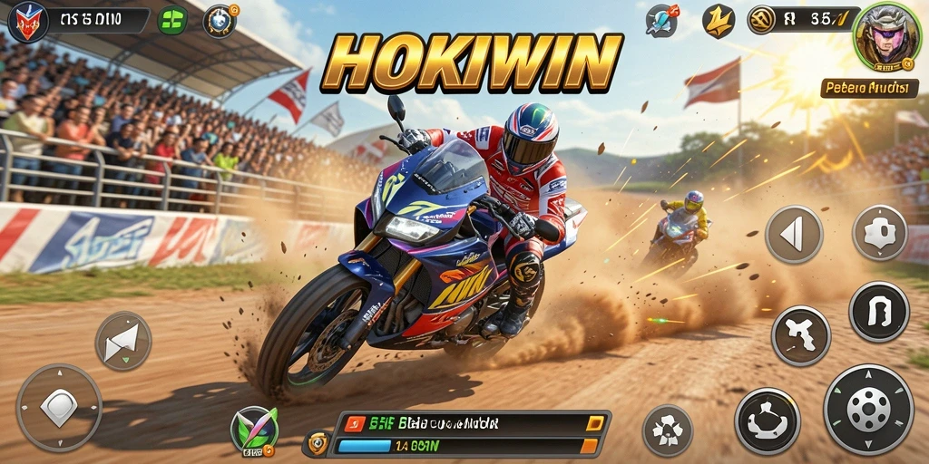 Tampilan gameplay HOKIWIN yang penuh aksi balapan motor.