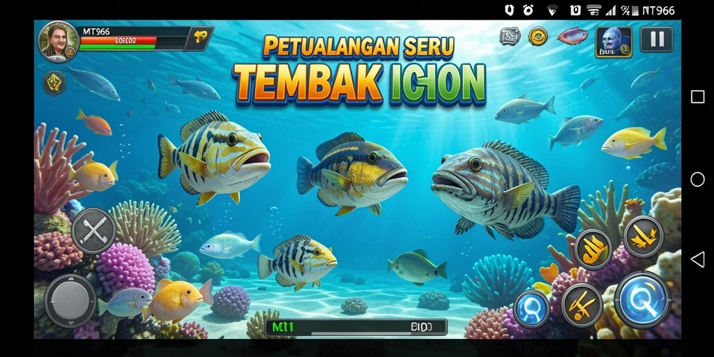 Tangkapan layar gameplay MT966 menampilkan aksi seru menembak ikan.