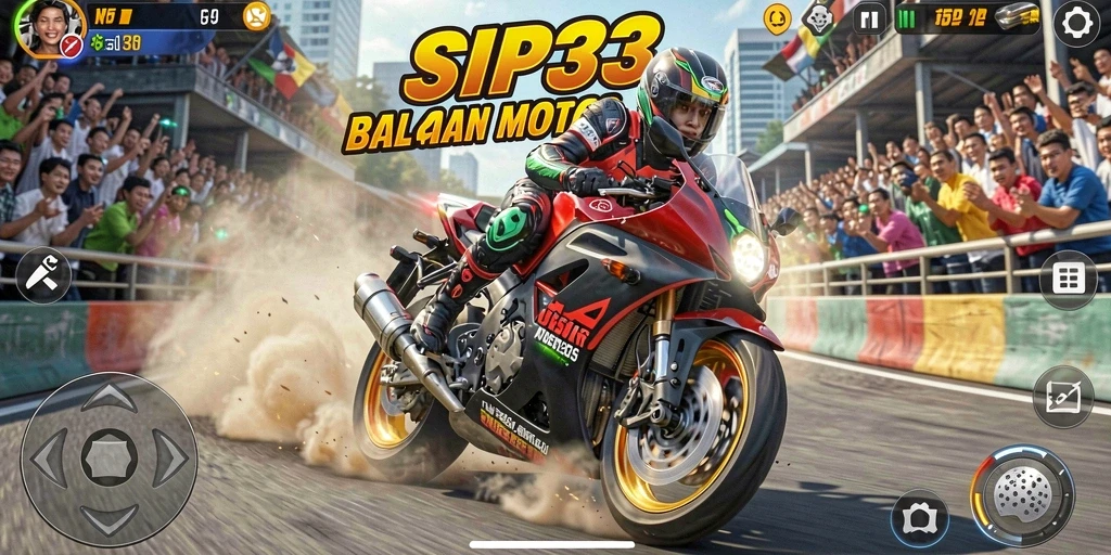 Tangkapan layar SIP33 menampilkan balapan motor yang seru di trek berliku.