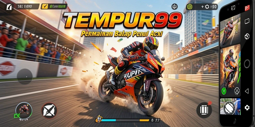 Tangkapan layar gameplay TEMPUR99 menampilkan aksi balapan mendebarkan.